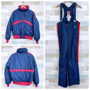 SKYR Vintage 70s 80s Ski Bib Jacket Set Blue Red Nylon Retro Rare Mens XL